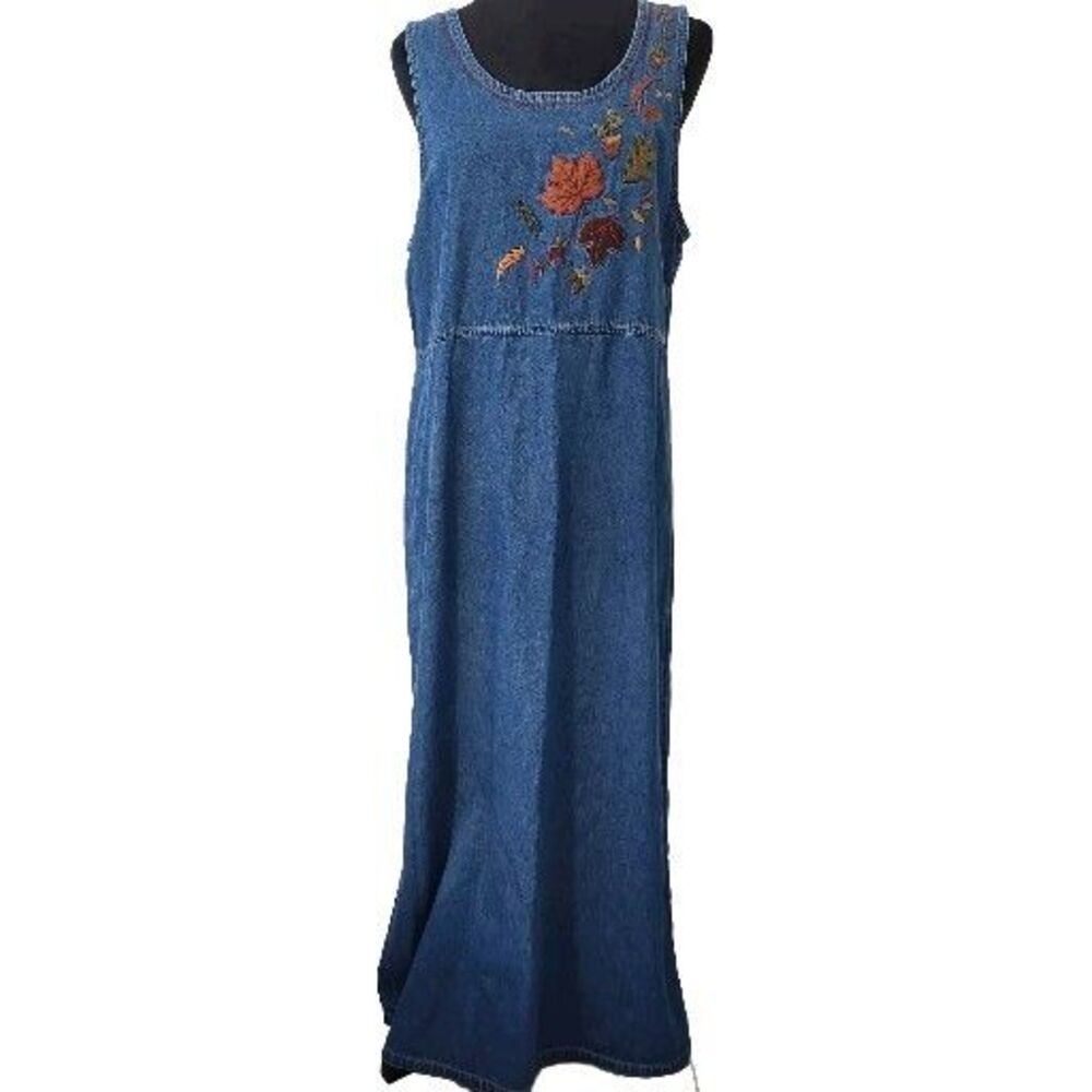 Vintage Bobbie Brooks Fall Leaves  Embroidered Pullover Denim Maxi Dress  M